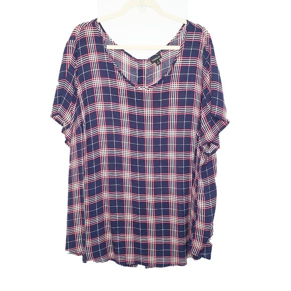 torrid Tops - Torrid Abbey Navy Pink Plaid Gauze Button Back Top